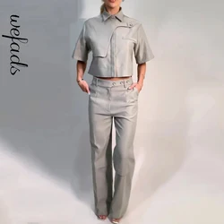 Wefads 2 Piece Sets For Women Summer Fashion Lapel Chic Hollow Out Short Top Solid Loose With Pockets Pants Set Streetwear