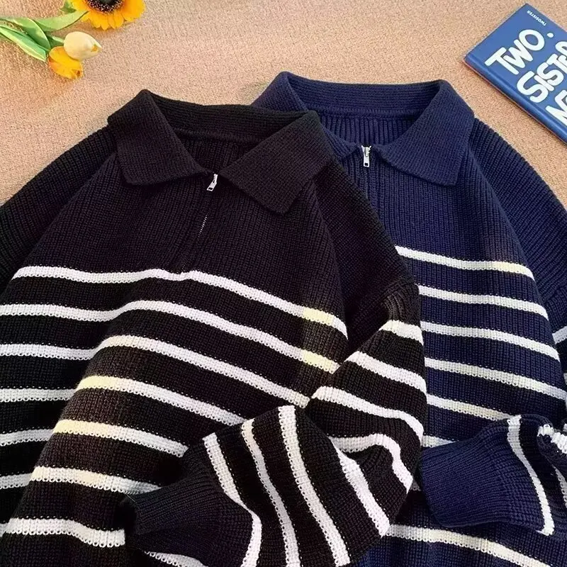 

Свободный мужской вязаный свитер с длинной молнией све, повседневный полосатый топ на молнии, осень-зима, большие размеры, трикотаж из полиэфирного волокна