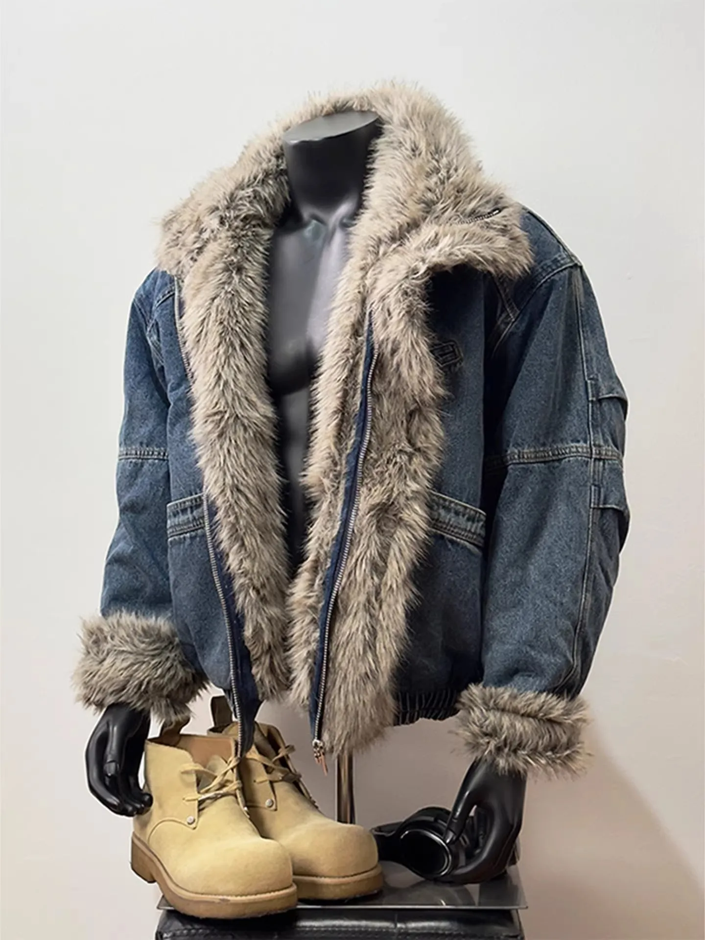 

Retro Deconstructed Denim Mountain Eagle Cotton Jaet Men Winter Thiened ort American Sle Flight Jaet Cottonwear