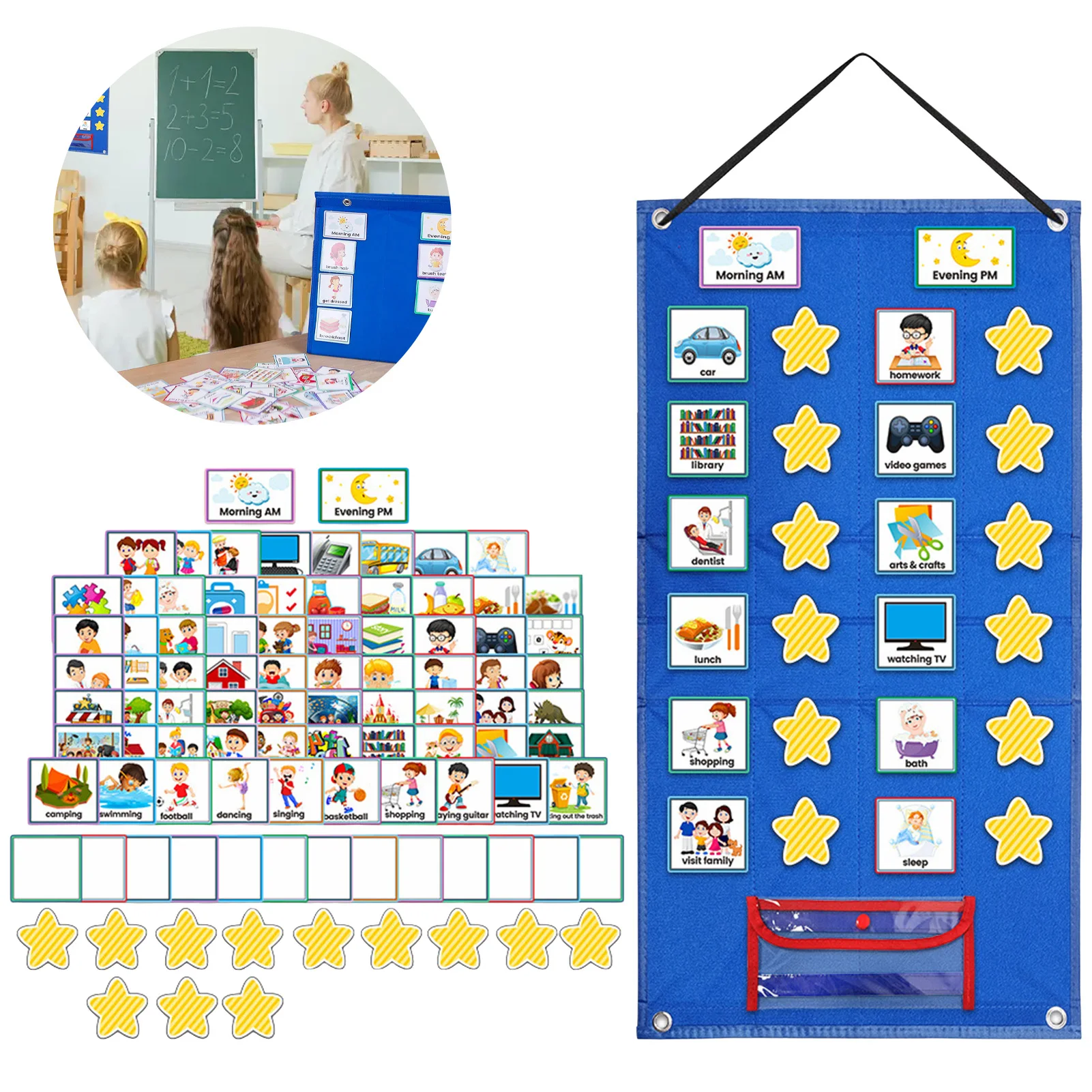 Standing Foldable Visual Schedule Chart for Kids Home School Wall Hanging with 72 Preprinted Cards 12 Star Cards Dry Erase Pen