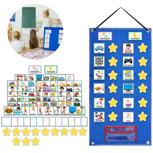 Imagen 1 del producto Tabla de horario Visual plegable de pie para niños, hogar, escuela, colgante de pared con 72 tarjetas preimpresas, 12 tarjetas de estrellas, bolígrafo de borrado en seco
