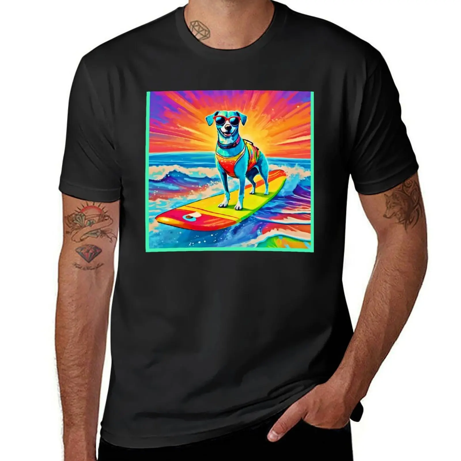 Sunny Surfing Pup: Beach Bliss T-Shirt summer top quick drying oversized plus sizes Men's t shirts