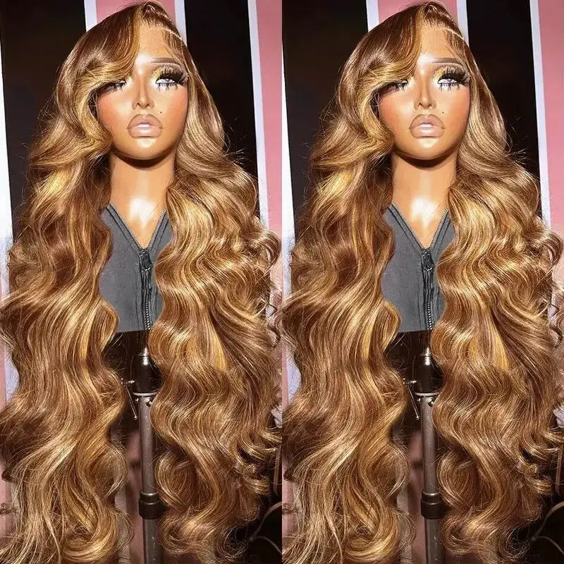 

Ombre Highlight Lace Front Wig Human Hair 13x6 4/27 Honey Blonde HD Transparent Lace Frontal body wave Pre Plucked 180% Density