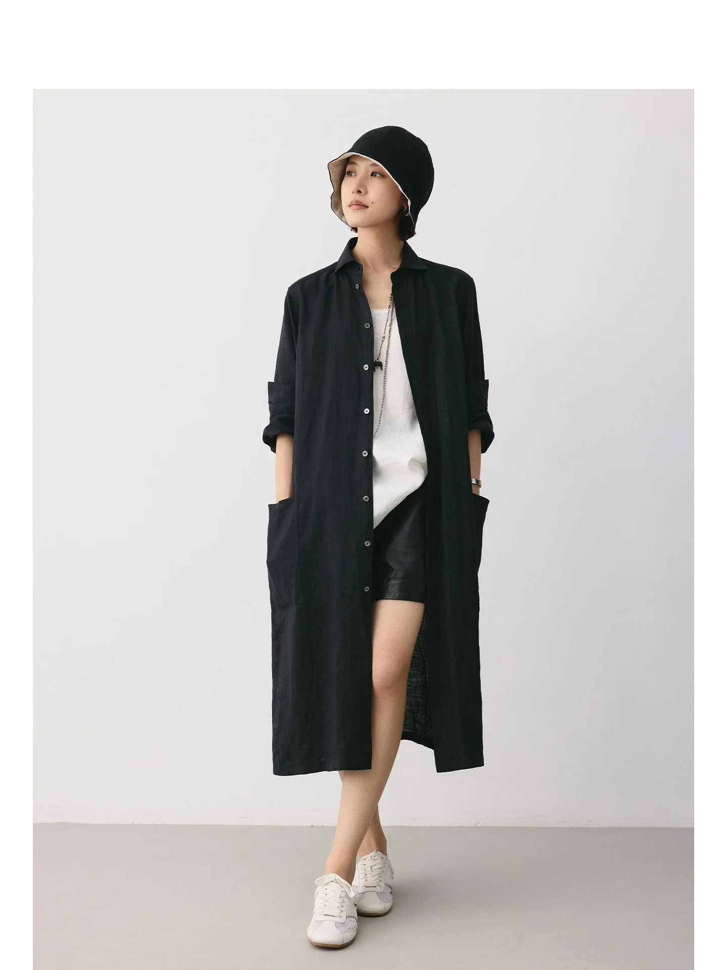 

Mincollection Lin Zhi Qing Flax Long irt Lightweight 00% Flax mat Loose Fit Long irt Women's Summer Breathable