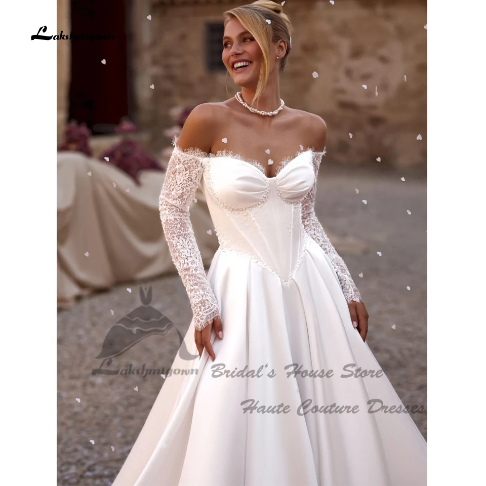 Lakshmigown Wunderschöne Boho-Satin-Hochzeitskleider mit langen Ärmeln 2026 Vestidos Civil Spitzen-Kirchen-Brautkleider Sweetheart Maßanfertigung – Detail 2