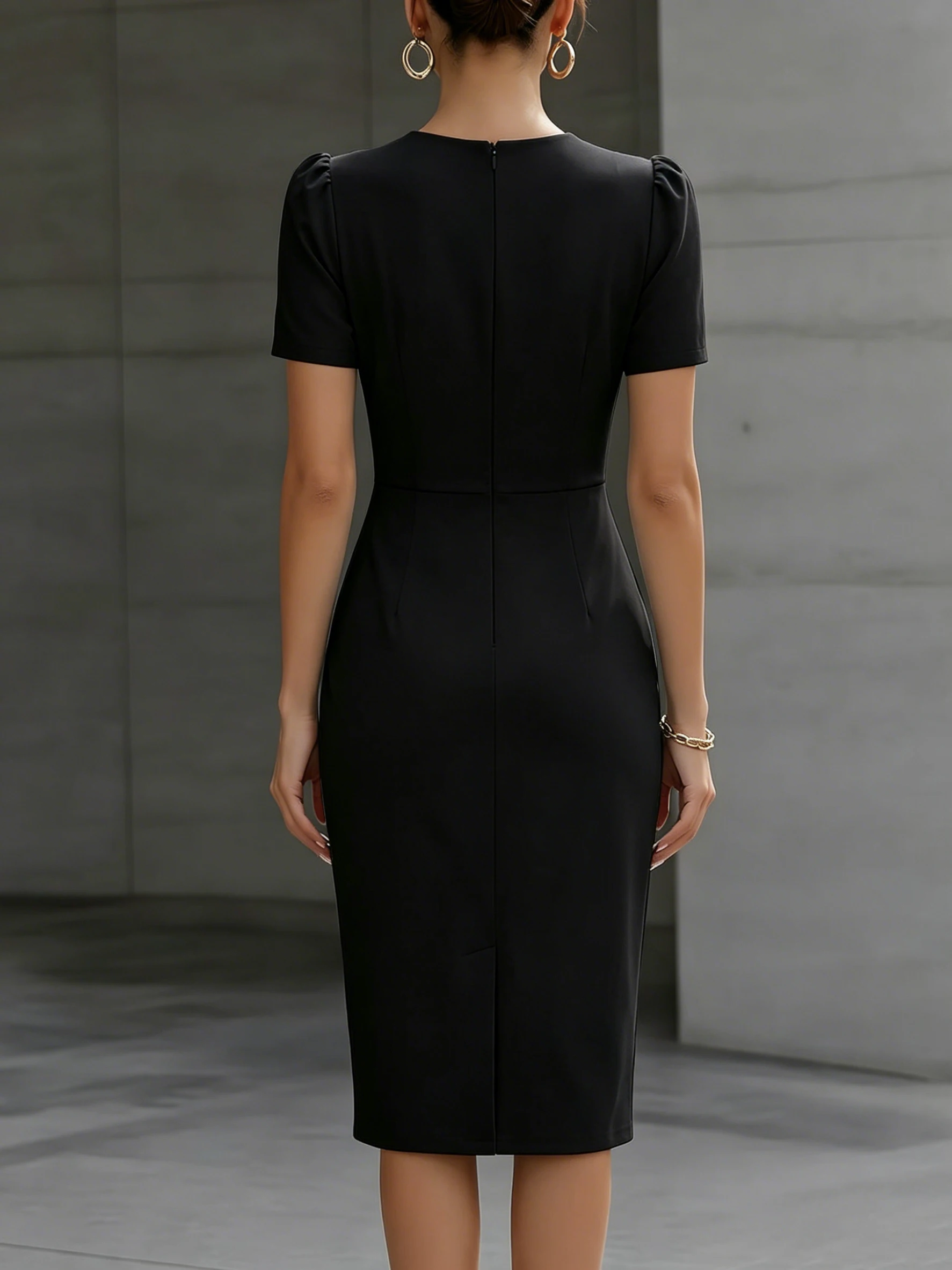 Bestseller Sommer Elegantes Businesskleid, Rundhalsausschnitt, Plissierte Taille, Taillierte Passform, Einfache Halbarm-Ärmel für Damen – Detail 10