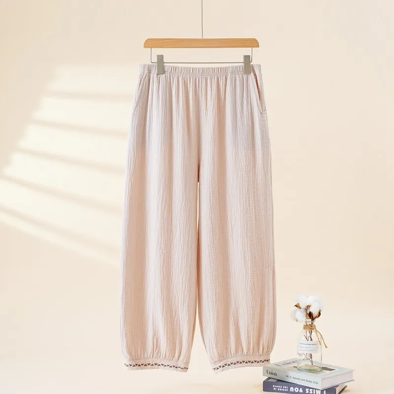 Spring Summer Women Double-layered Crepe Cotton Sleep Pants Loose Embroidered Lantern Pants  Pants Plus Size Loungewear Pants