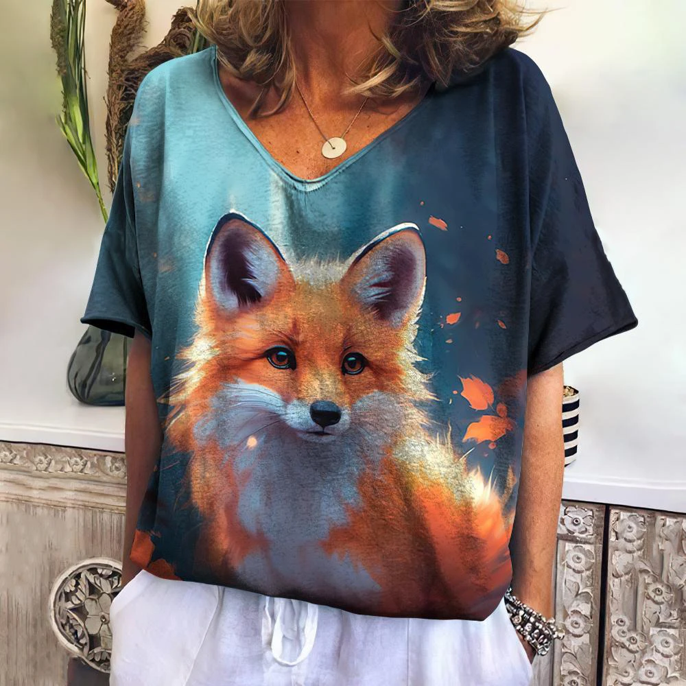 Cartoon Fox 3D 프린트 티셔츠 여성 빈티지 v 넥 반팔 티셔츠 Y2K 동물 티셔츠 오버 사이즈 하라주쿠 탑 여성 의류