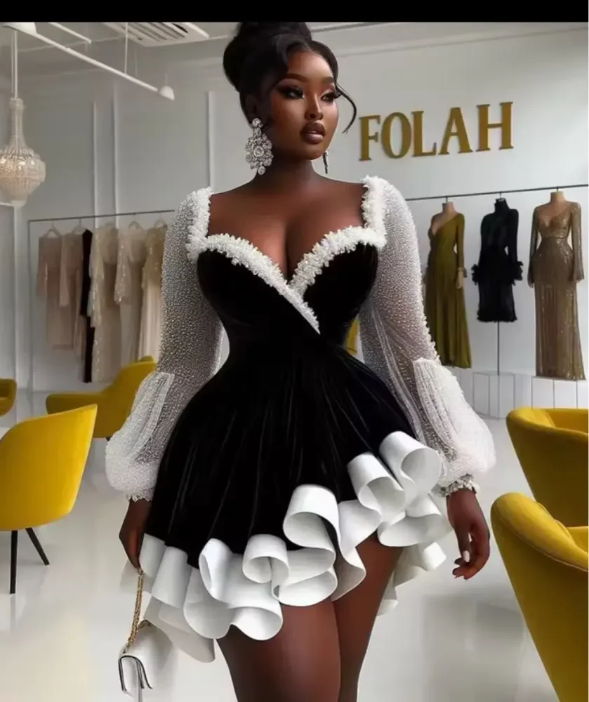 Robes de soirée de luxe en velours noir avec manches perlées Mini robe de bal 2025 femmes personnalisées robe d'anniversaire à volants exquis