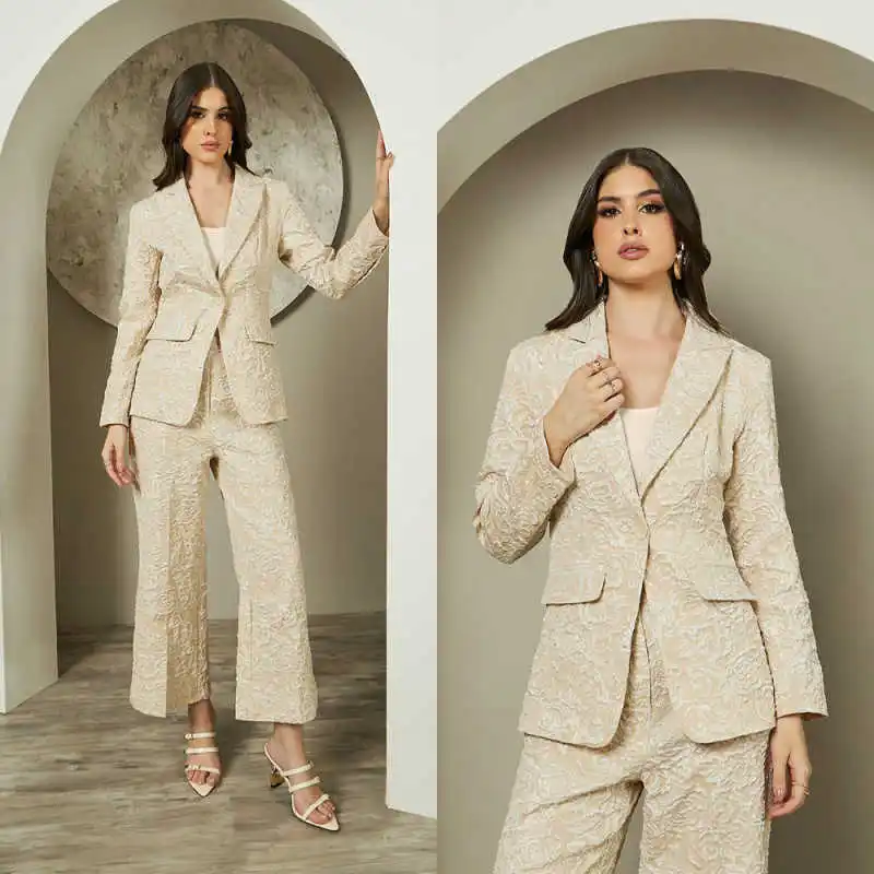 Glamorous Flowers Women Suits Long Sleeve 2 Pieces Set Applique Notched Lapel Jacket Wide Legs Pants Custom Made Formal Dresses