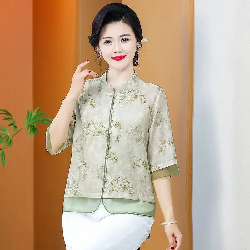 

Элегантная летняя рубашка в китайском стиле для мам среднего и пожилого возраста с легкими модными рубашками с принтом