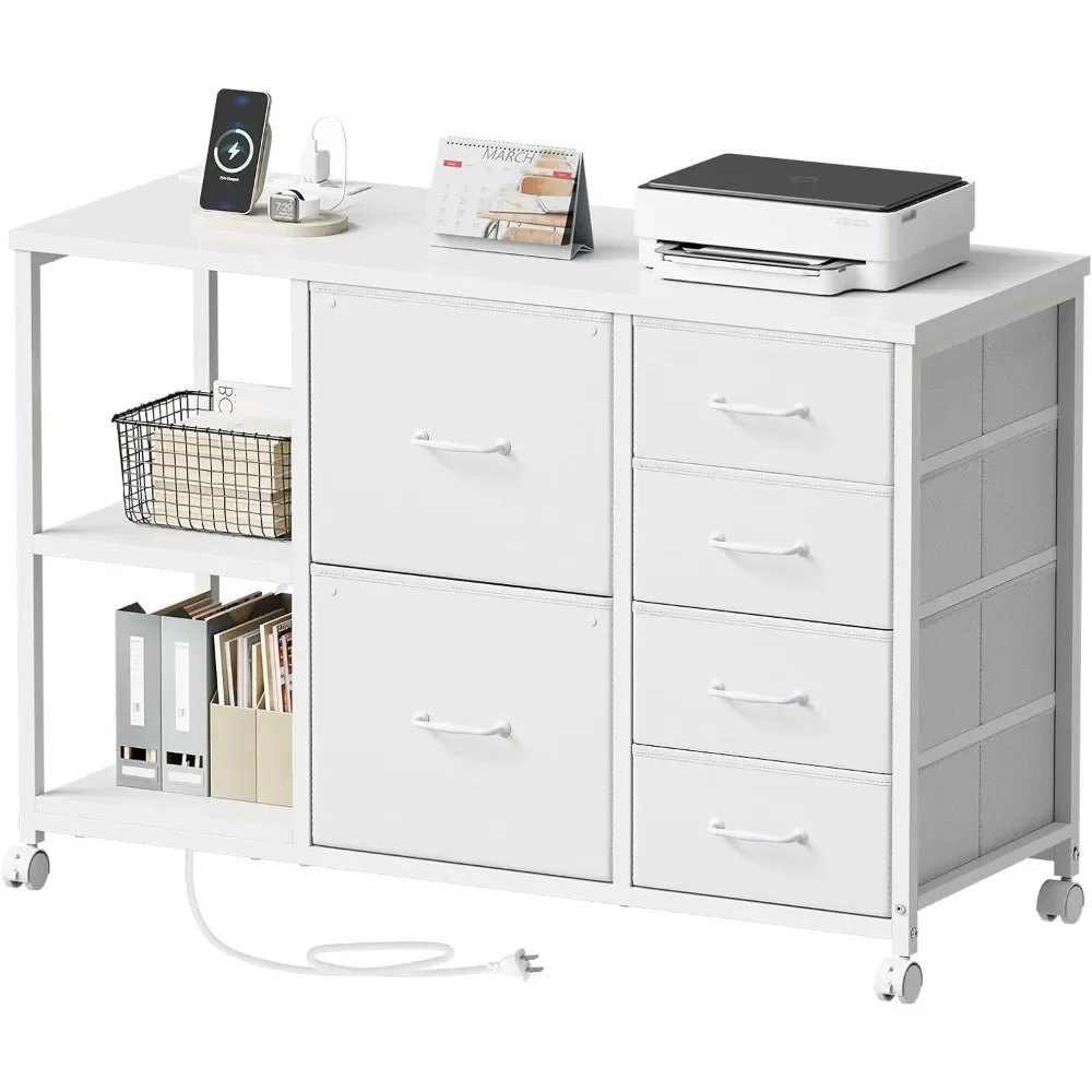 

6 drawer file cabinet with charging station rolling printer stand with open storage shelf fabric lateral filing cabinet for home