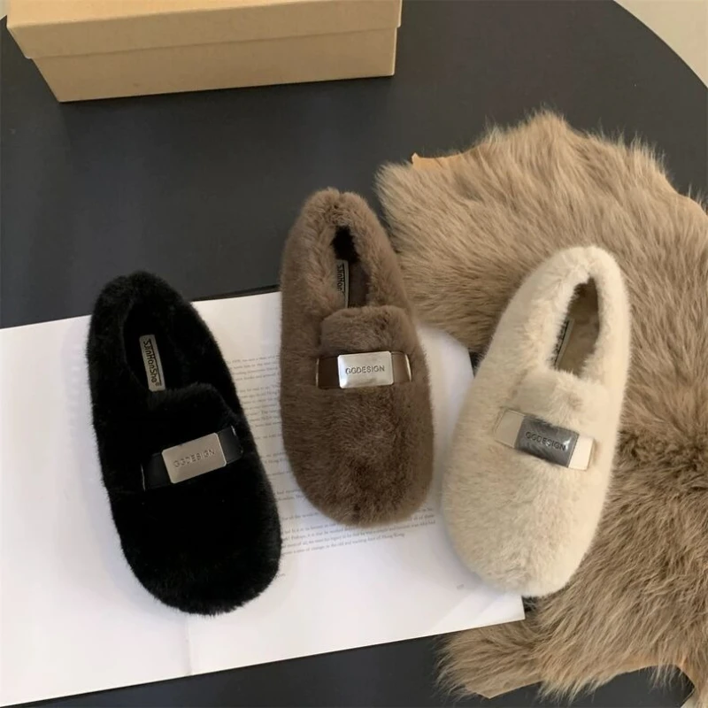 Women  Female Footwear Loafers Mujer Fur Sneaker Modis Mary Jane Shoes Warm Plush Round Toe Wool Ballet Flats Ladies