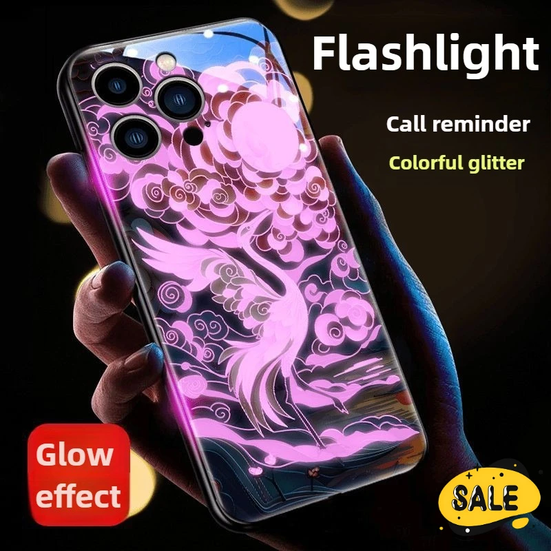 

Red Sun and Crane Sound Control LED Flash Luminous Glass Phone Case for Iphone 15 14 13 12 11 Pro Max Xr Xs Max 8 7 Plus