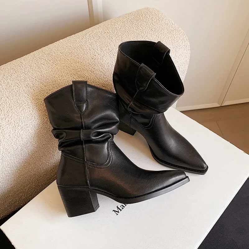 

MKKHOU Fashion Short Boots Women New High Quality Genuine Leather Suede Pointed High Heel Boots Autumn Women's Shoes Calf Boots