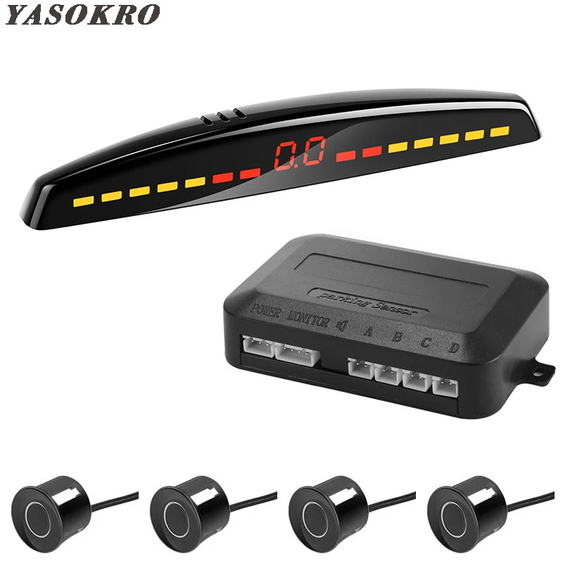 YASOKRO-Sensor de estacionamiento Led para coche, sistema de Monitor de marcha atrás con 4 sensores, pantalla Parktronic