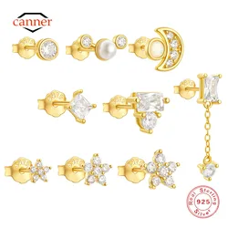 CANNER 3PCS Set 925 Sterling Silver Petal Multi-size Zircon Stud Earring For Women 18K Gold Ins Piercing Earrings Fine Jewelry