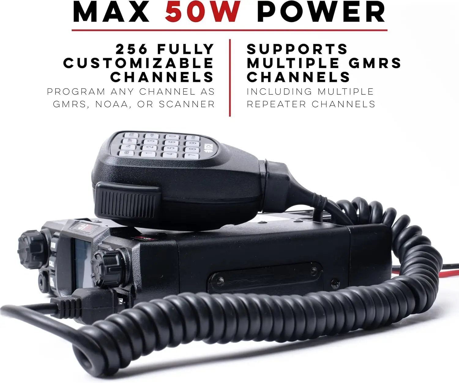 256 Fully Customizable Channels Mobile GMRS Two-Way Radio. Repeater Compatible, Dual Band Scanning