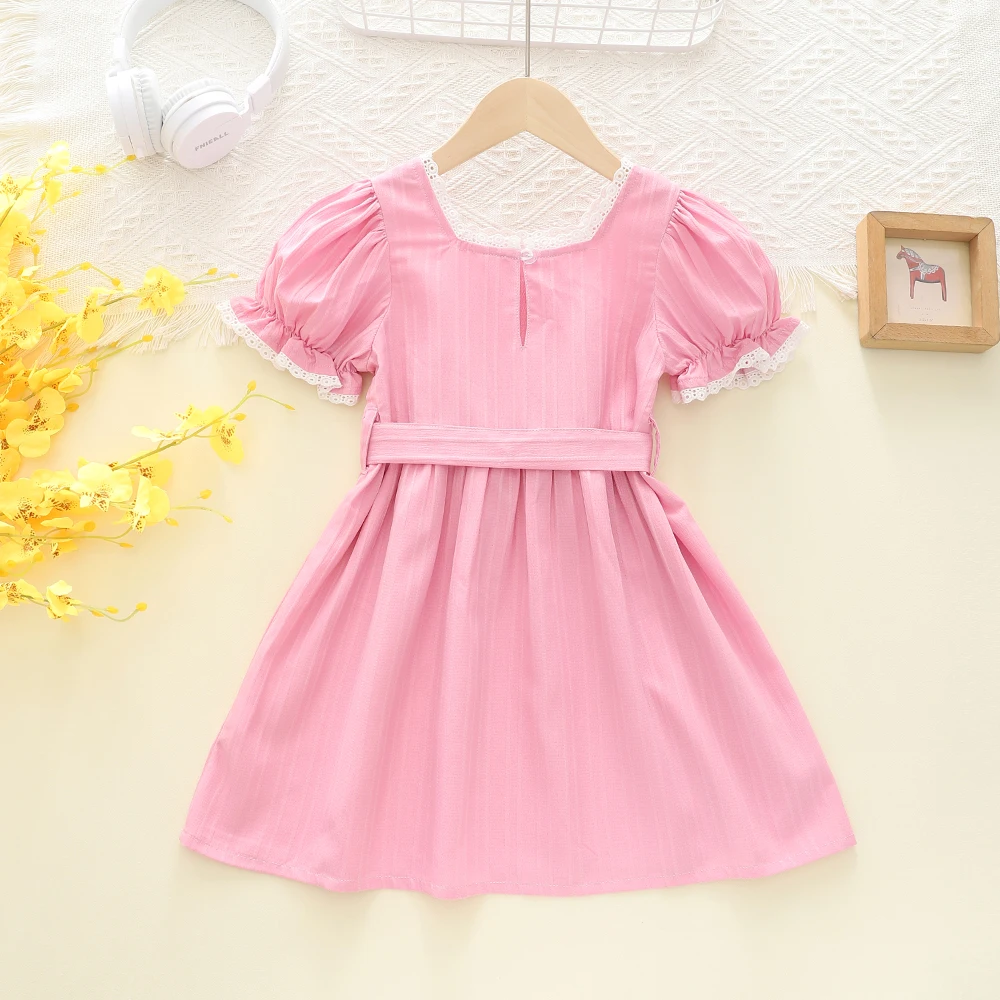 Girls dress Sweet summer pink lace dress Bow puffy sleeve A-line dress Birthday party dress Children\'s dress