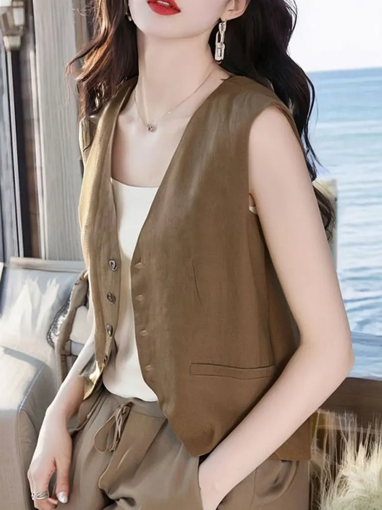 

Chic V-Ne Single Button Design Sensation Svel Vest Pure Color Cardigan Layering Top Korean Sle Straight Cut Silk