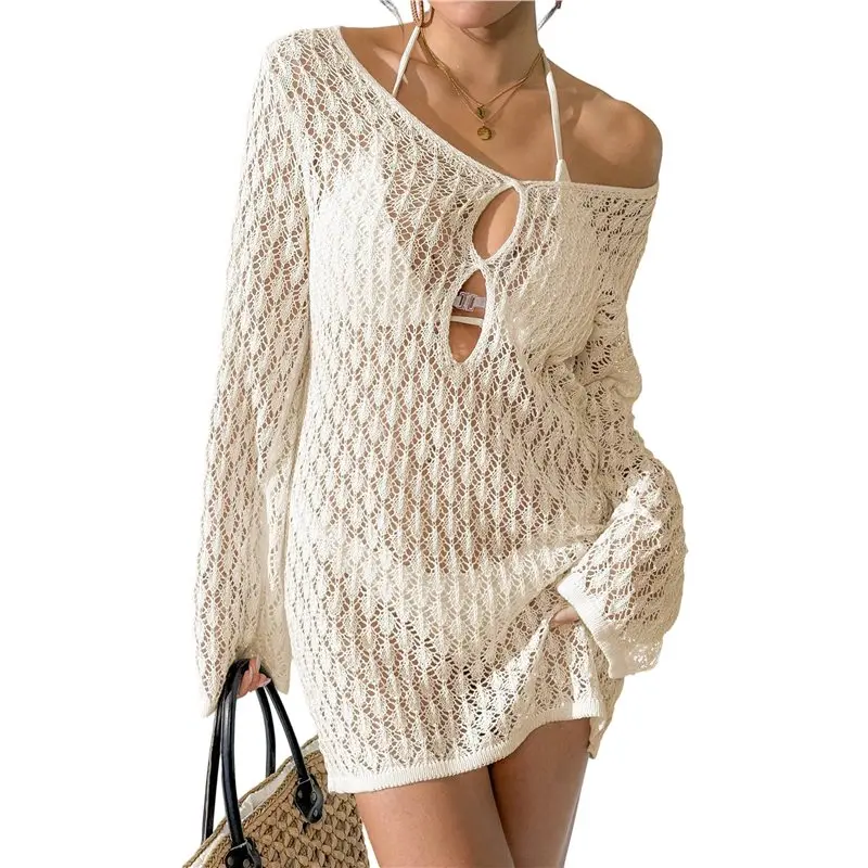 

Пляжное платье-накидка для женщин, летнее, вязаное крючком, в стиле бохо, с длинными рукавами-колокол, мини, для отпуска