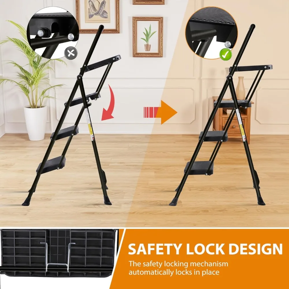 3-step industrial-grade steel ladder with tool tray, compact design, anti-slip feet and durable pp treads