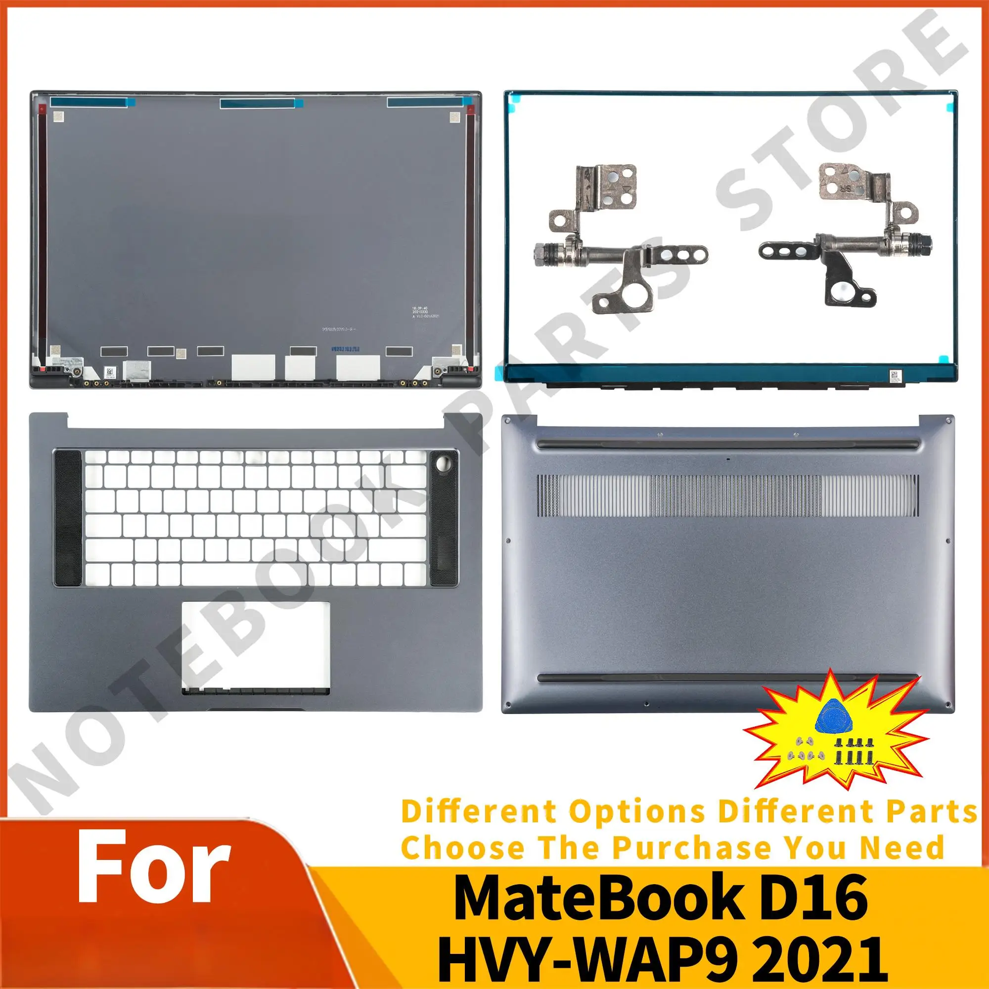 

Parts For MateBook D16 HVY-WAP9 2021"LCD Back Cover Front Bezel Palmrest Bottom Case Hinges 16inch Gray