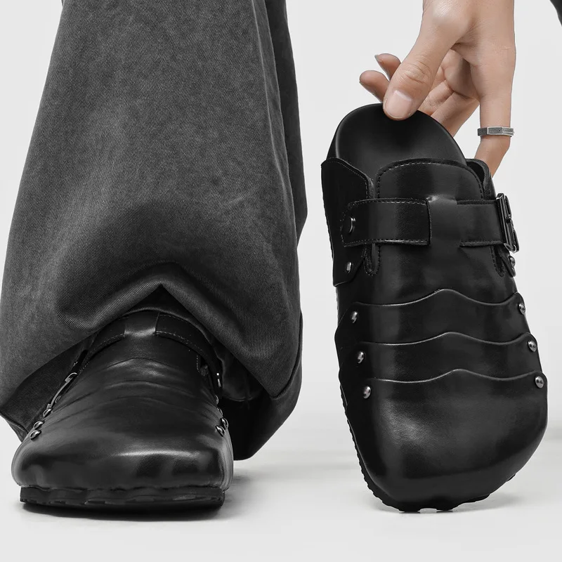 

High Quality Men's Slippers Baotou Half Slippers for Men Square Head Boken Shoes Men's Five-heel Muller Slippers Zapatos Hombre