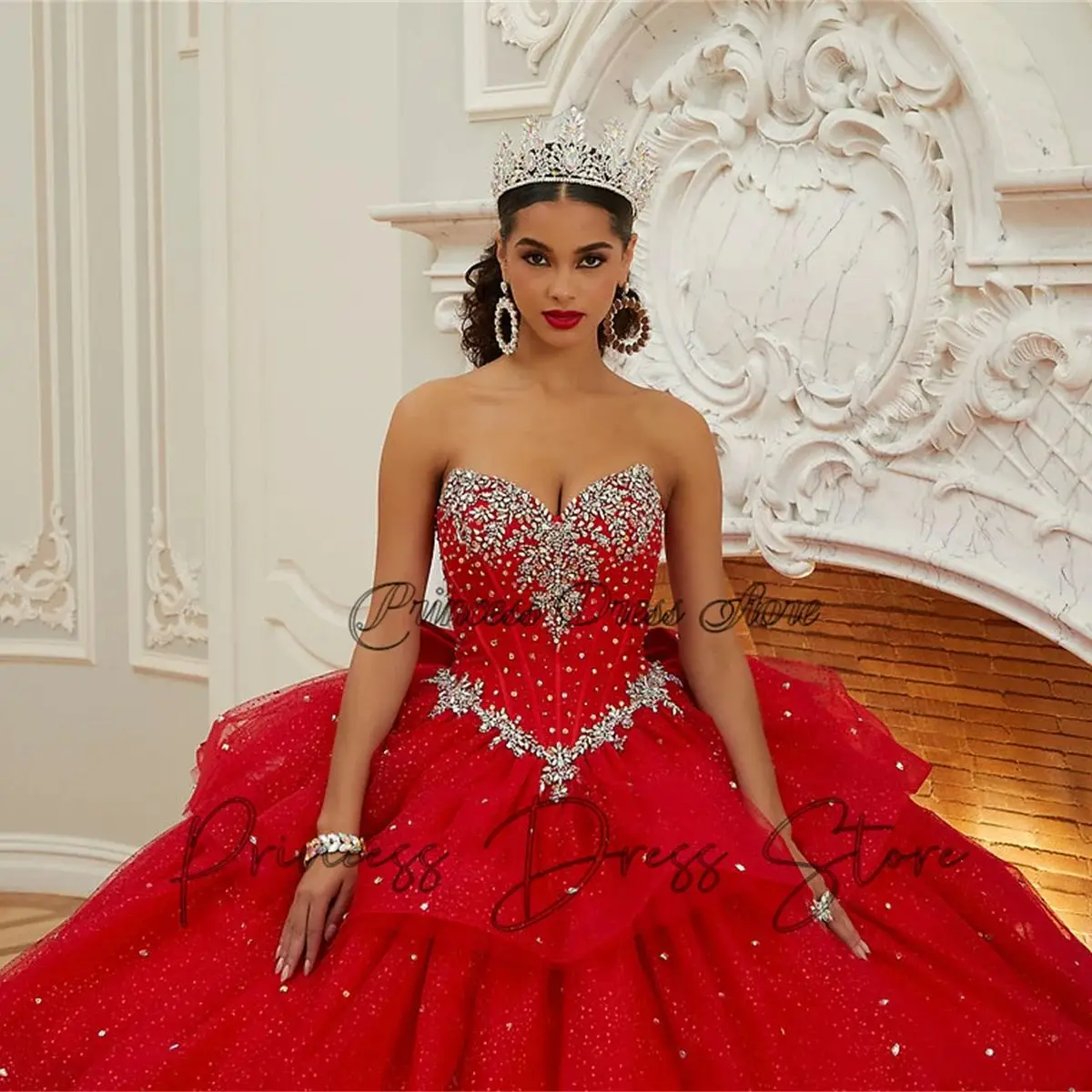 Glitter Red Princess Quinceanera Dress Ball Gown Sweetheart Beading Mexican Corset 16th Dress Prom 15th Birthday Wedding Gowns