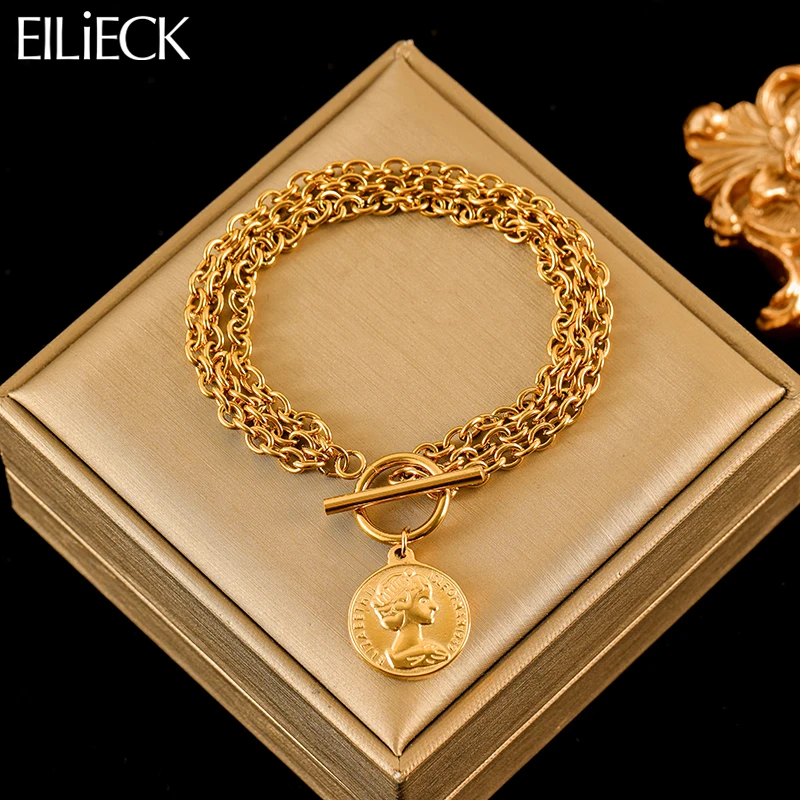 EILIECK 316L Stainless Steel Gold Color Portrait Coin Charm Bracelet Trendy Wrist Chain Jewelry For Women Girl Holiday Gifts