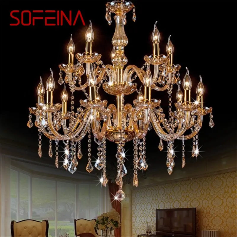 SOFEINA European Style Chandelier Lamp LED Crystal Pendant Candle Amber Light Fixtures Indoor for Home Hotel Hall