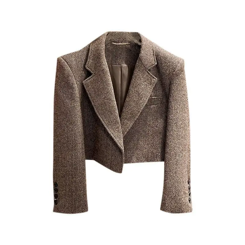 2026 Autumn New Herringbone Pattern Brown tweed Retro Tweed Short Jacket Women's Suit Nine-Quarter Sleeve Top Tweed BlazerJacket