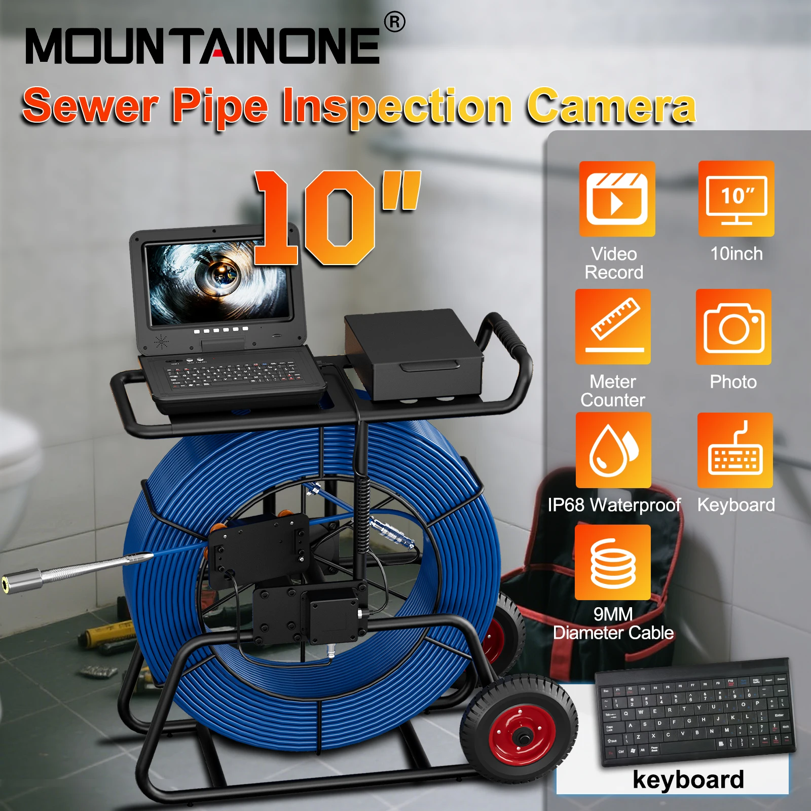 

10" Sewer Camera with 1080P Screen, Meter Counter, Self-Leveling 512Hz Locator - 9mm Pipe Camera for Plumbing and Drain Inspecti