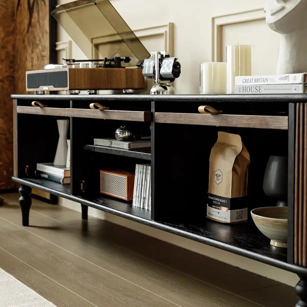 French retro solid wood coffee table black new living room small apartment TV cabinet storage integrated American style