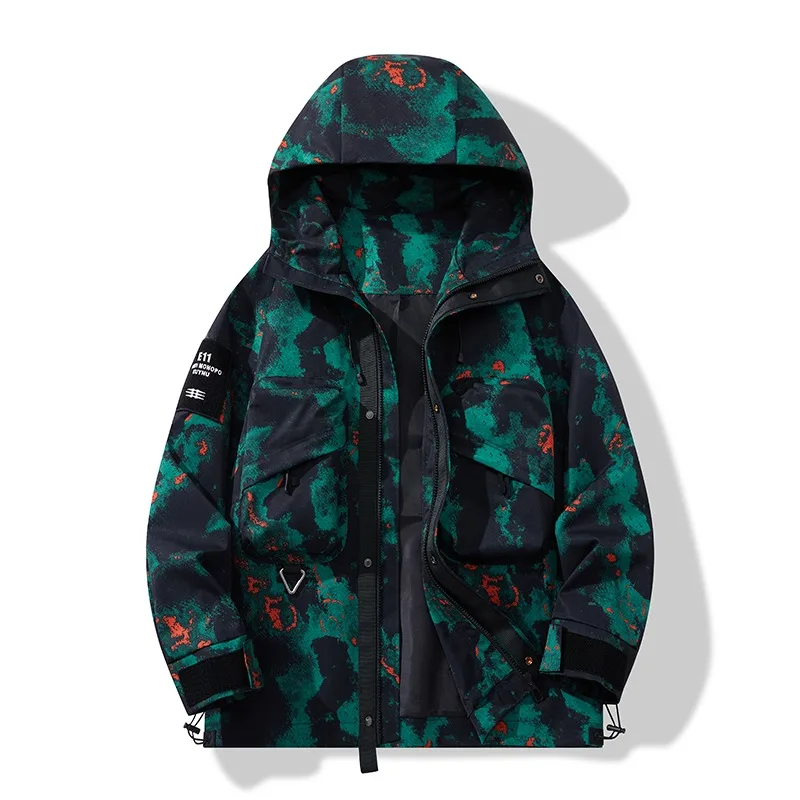 Men Camo Tie Dye Hooded Jacket Multi Pockets Zip Up Windproof Waterproof Outdoor Tactical Streetwear Casual Outer Coat
