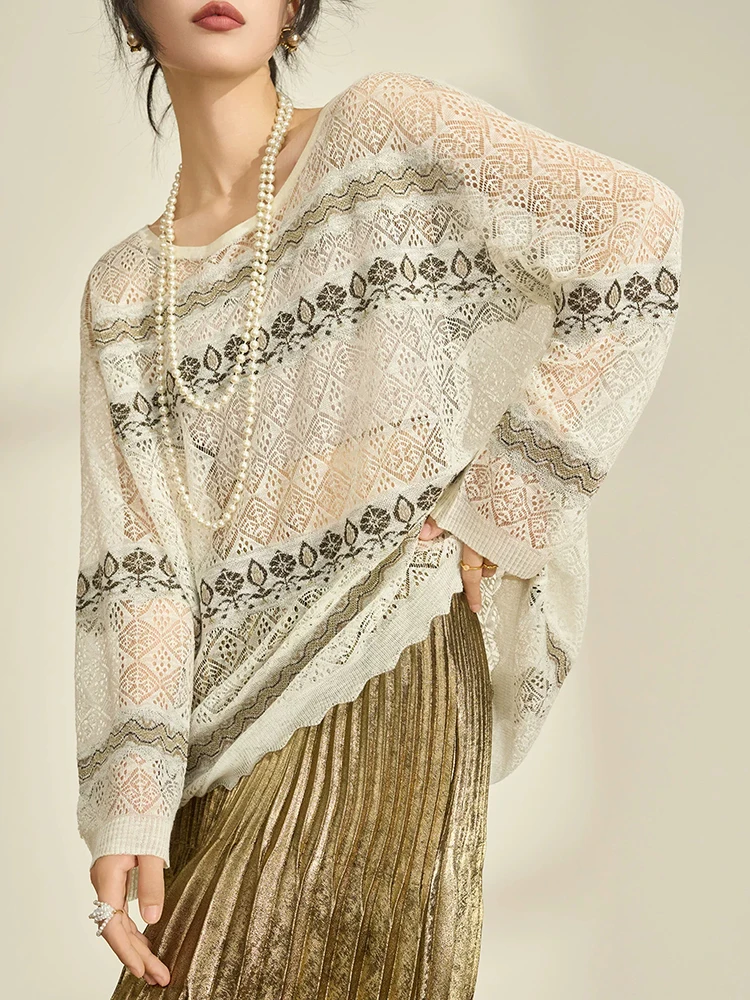 Women Ivory Lace Knit Top Sheer Jacquard Pullover Long Sleeve Loose Fit Blouse Vintage Boho Casual Summer Layering Beach Shirt