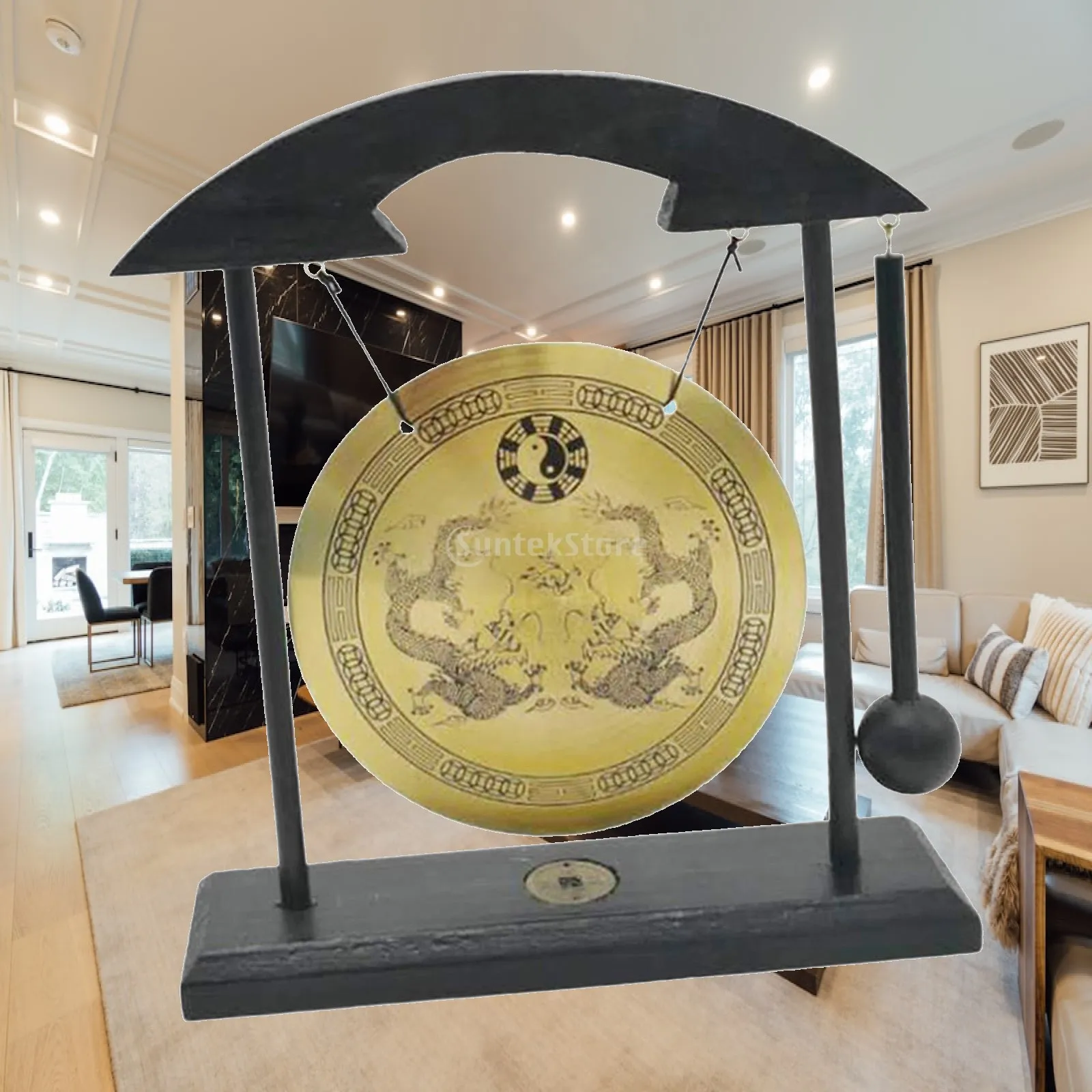 Mini Chinese Gong Brass Wind Chime Style Bell with Wooden Stand Desktop Percussion Art for Home Office Calm Ambience