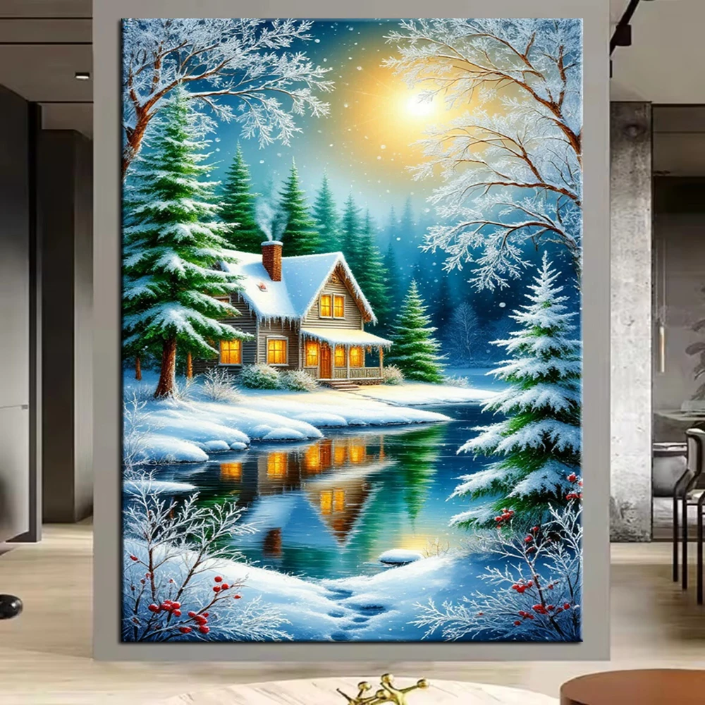 

Forest Lake Wooden House Picture Diy Diamond Painting Full Round Square Diamond Art Mosaic Jewelry Cross Stitch Home Decor
