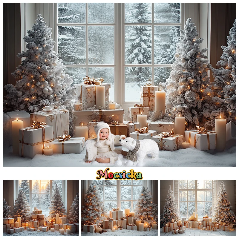 Mocsicka Christmas Tree Background For Photography Window Pine Winter White Snow Kids Photo Backdrop Decoration Studio Photocall