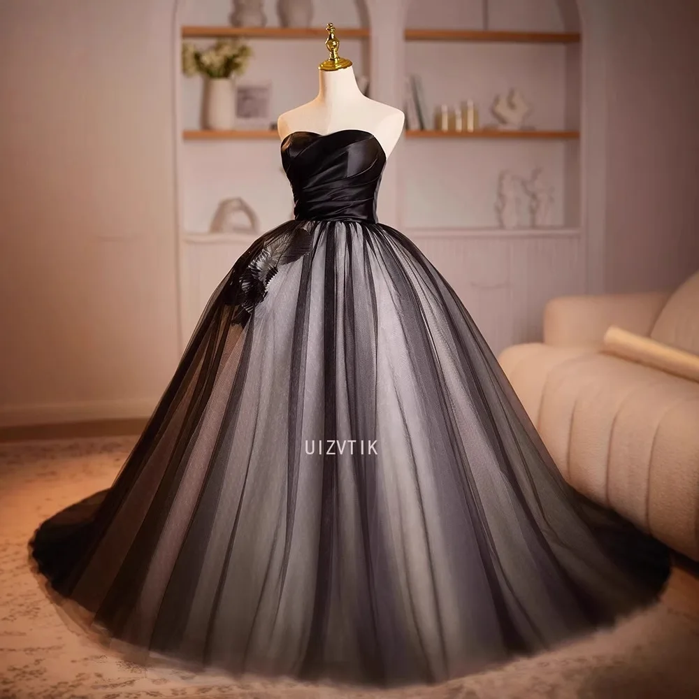 فستان سهرة من الساتان الأسود مخصص للنساء مأدبة أنيقة بدون حمالات على شكل حرف a زهور للحفلات الرسمية فساتين فيستدو دي فييستا