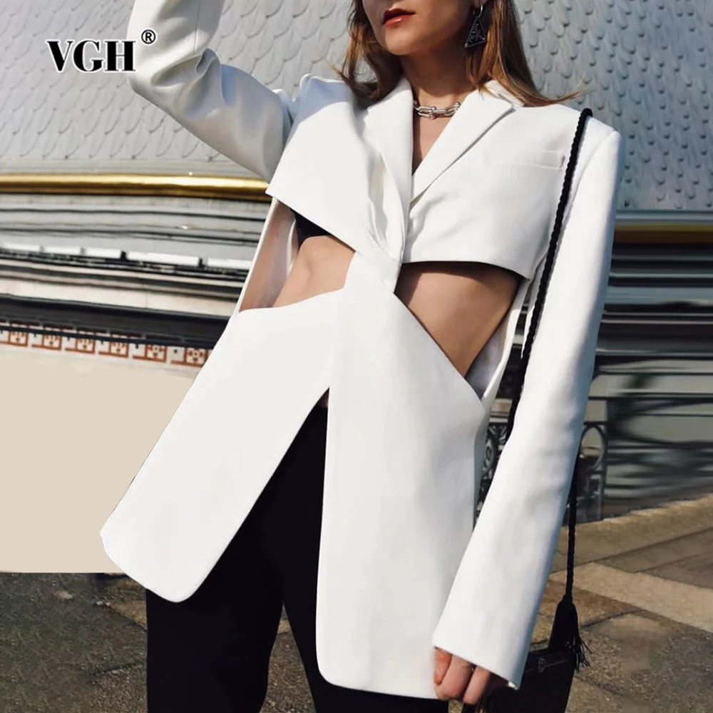 

VGH Solid Hollow Out Slimming Blazers For Women Notched Collar Lonbg Sleeve Spliced Pockets Temperament Blazer Female Fashion