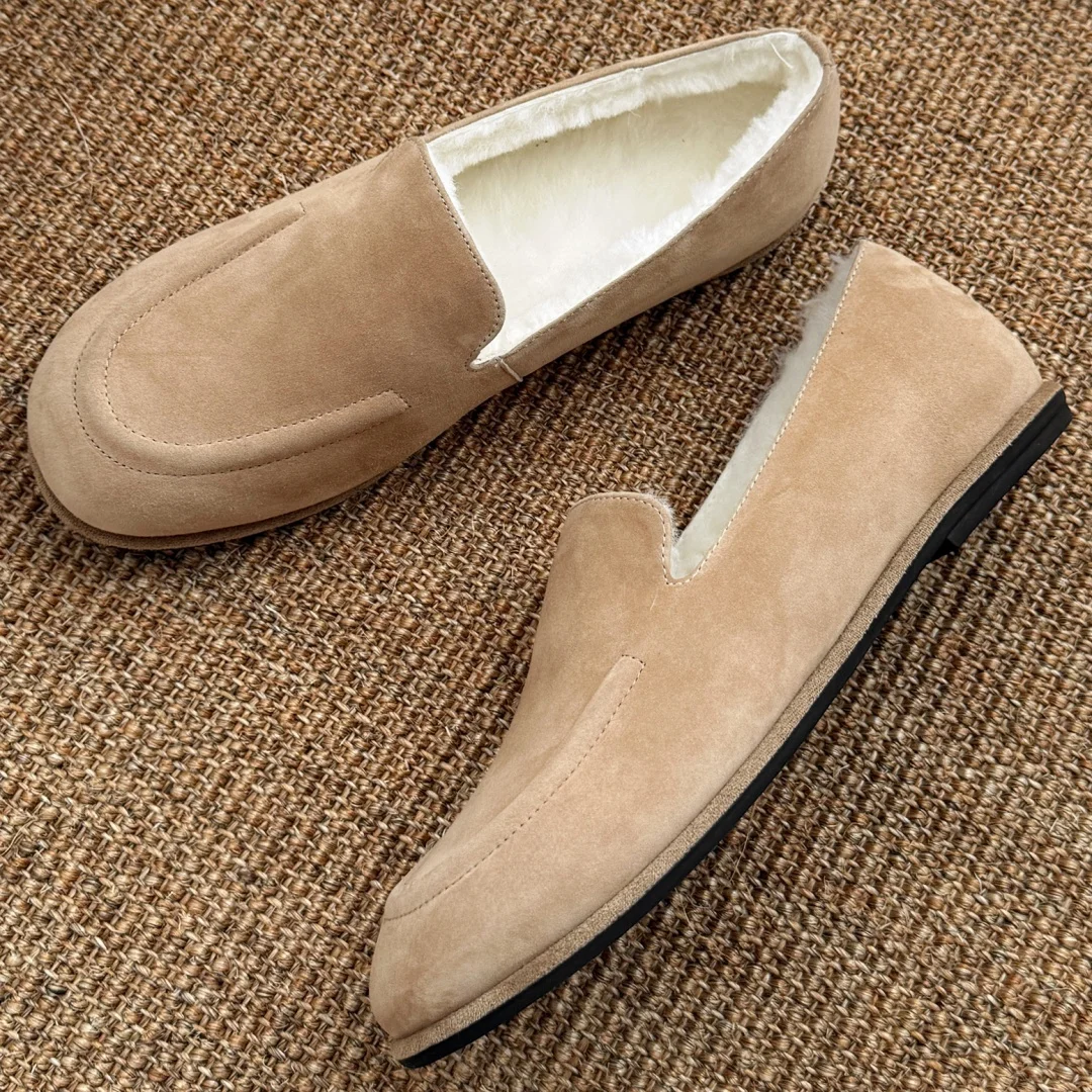 

Women's natural suede leather wool inside round toe slip-on flats winter loafers high quality soft comfortable casual moccasins
