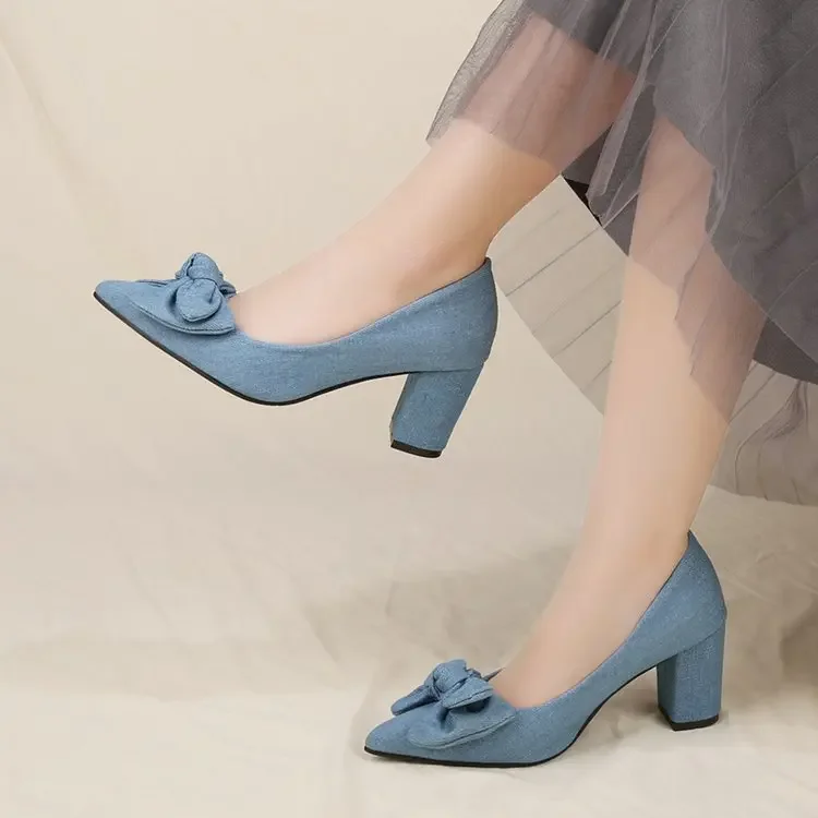 New Women's Shoes High Fashion Professional High Heels Blue Light Cut Comfortable Party Work Shoes Size 35-42 Bow Trim