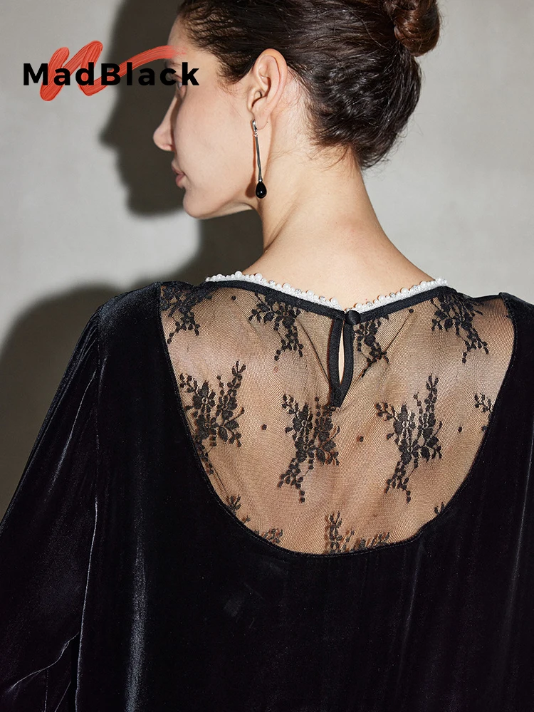 MadBlack-Silk Velvet Elegant T-shirt, Long Sleeve O Neck Beading, Woman Back Sheer Design Sense Top, 2026 Autumn New T64681CC