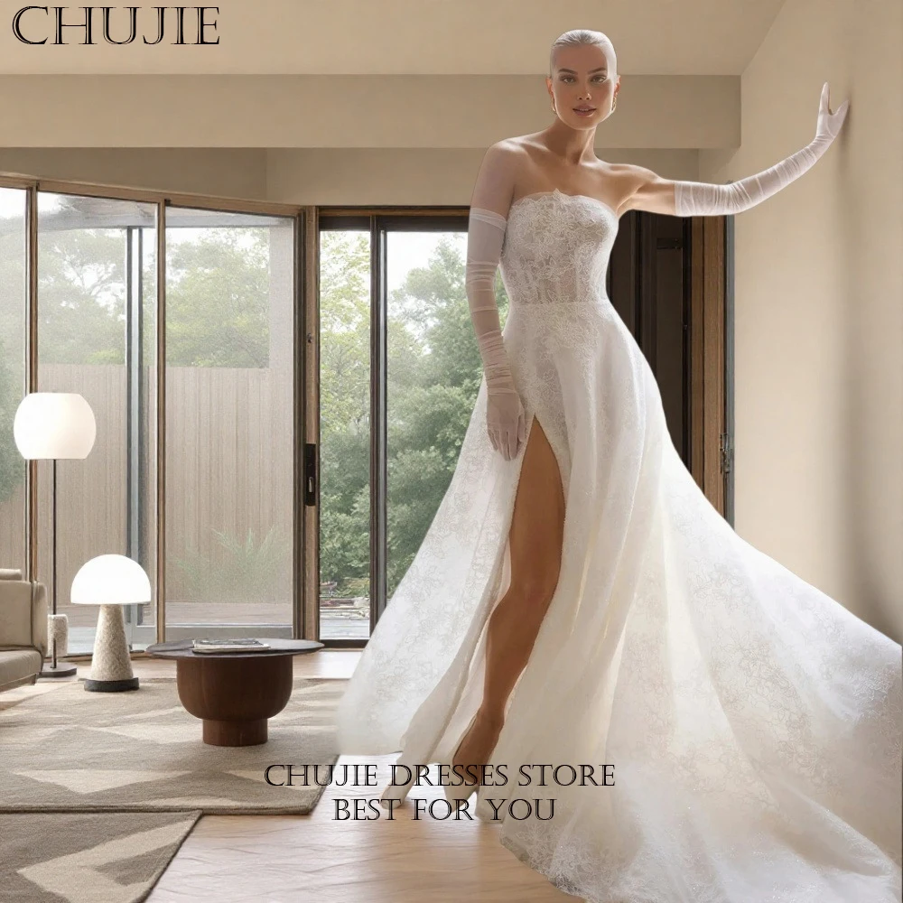 

Full Lace Bridal Gowns White Classic Strapless Wedding Dresses Sexy Slit Woman Elegant Customized Bride Dress Vestido de novia