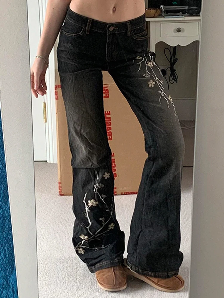 

Retro Embroidery Denim Women's Pants Vintage High Waist Slim Long Flare Pockets Jeans Female Y2k High Street Lady Streetwear
