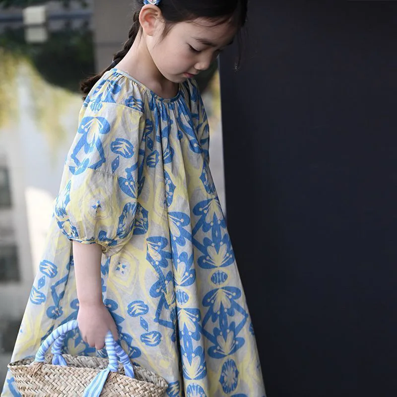 Children Puff Dresses Girls Summer Tie Dye A-Line Loose Daily Skirt Kids Pastorale Round Neck Dresses 5-14 Years