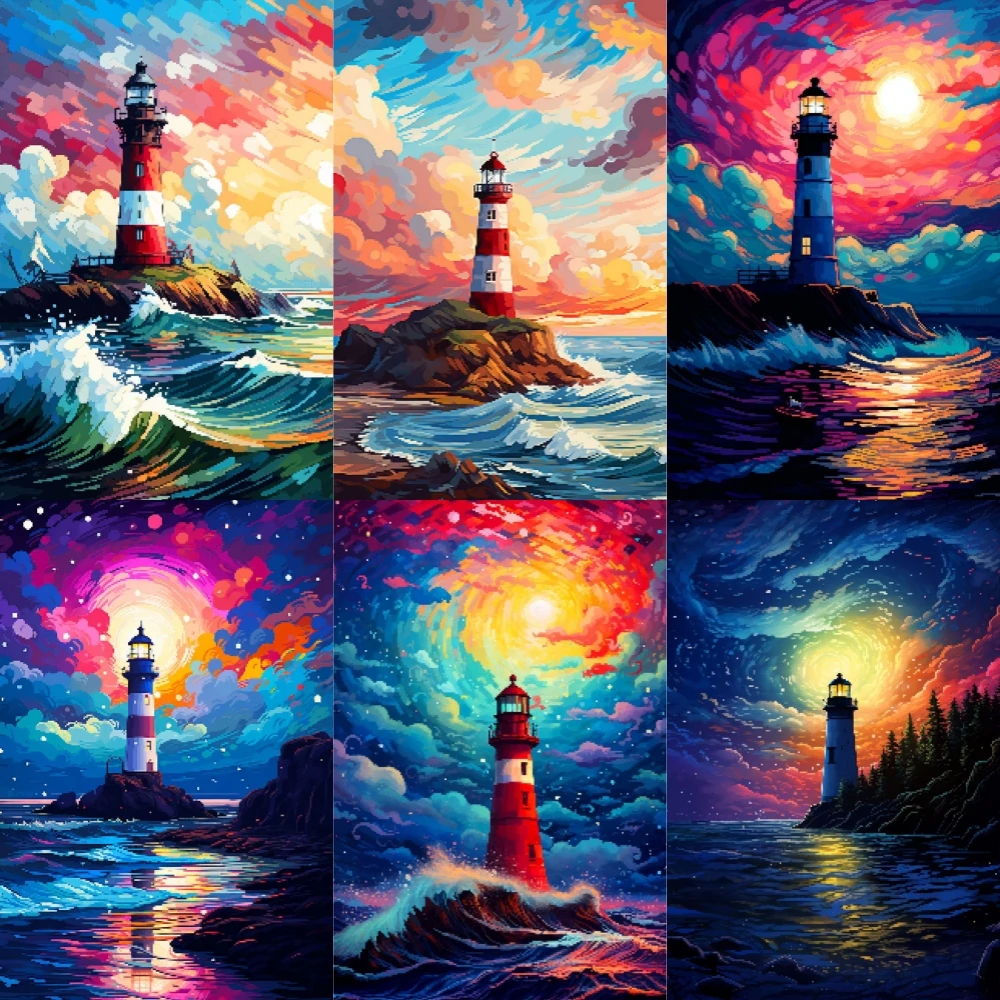 5D Landscape Diamond Painting Lighthouse Under The Dreamy Colorful Sky Full Rhinestone Mosaic Embroidery Cross Stitch Kit Home