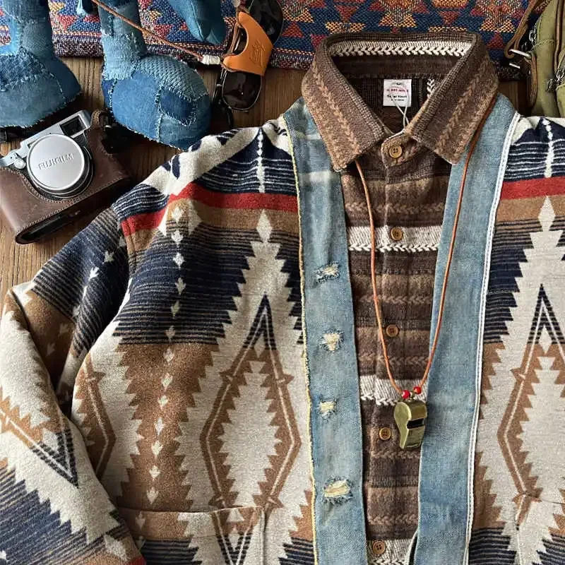 Lucky Sartorius 22A/W Japanese Retro Denim Patchwork Woolen National Air Robe Jacket for Men