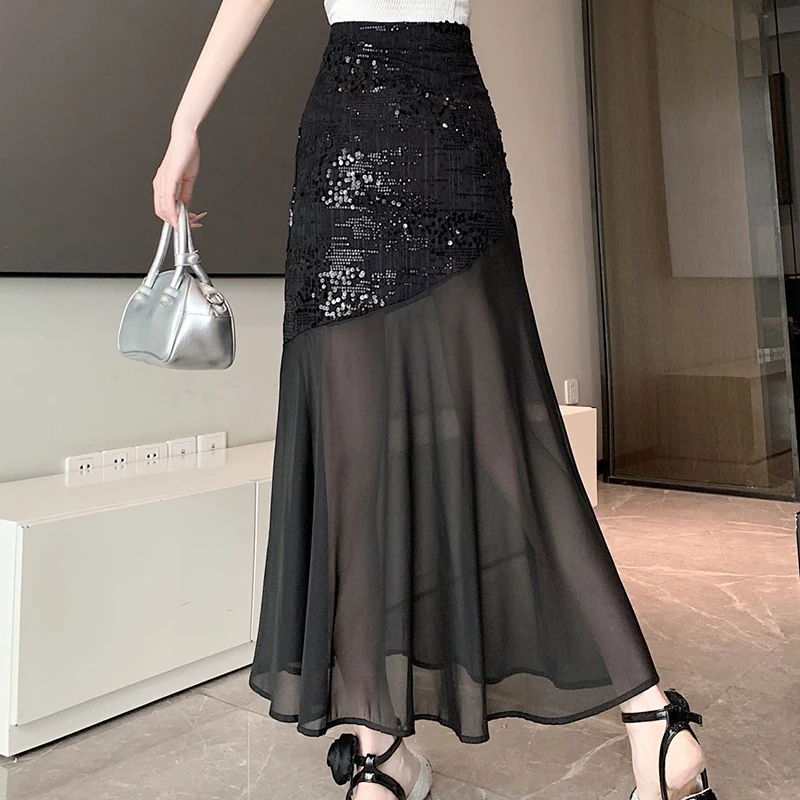 2024 Fragrant Wind Bright Silk Mesh Fishtail New Half length Skirt Long Skirt Summer High Waist One Step Skirt